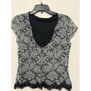 Lace Dark Fairy Grunge Sheer Layer Beaded Babydoll Black Top Whimsigoth Witchy M